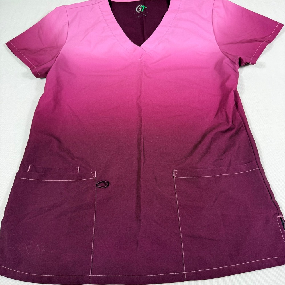 GT Performance Scrub Top Medium Pink Purple Ombre V-Neck Short Sleeve Pockets